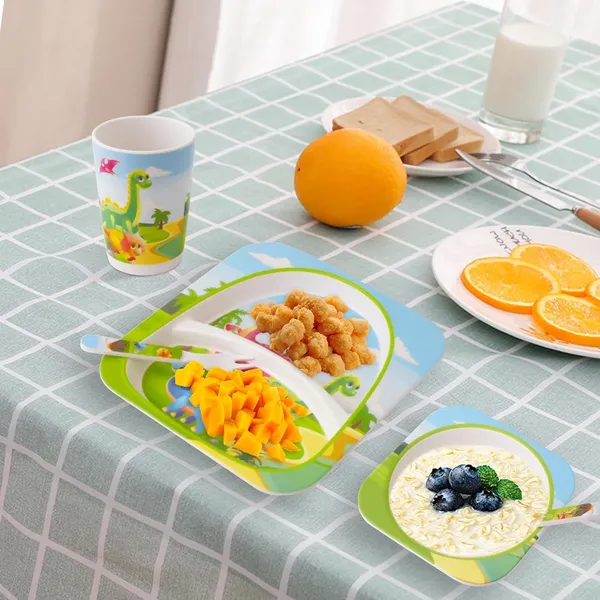 5_Pieces_Bamboo_Kids_Dinnerware_Set,_Eco_Friendly_Toddler_Plates_BPA_Free_Food_Plate_Bowl_Cup_Spoon_Fork_Set_Dishware_Sets_-_Dino_Theme,_Green