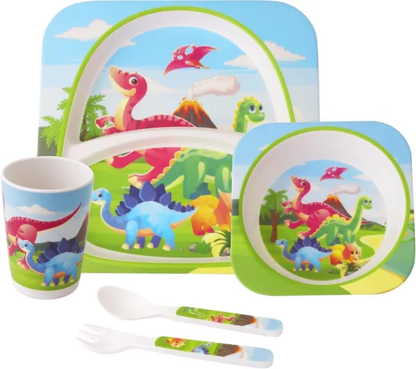 5_Pieces_Bamboo_Kids_Dinnerware_Set,_Eco_Friendly_Toddler_Plates_BPA_Free_Food_Plate_Bowl_Cup_Spoon_Fork_Set_Dishware_Sets_-_Dino_Theme,_Green