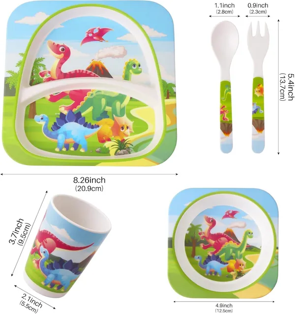 5_Pieces_Bamboo_Kids_Dinnerware_Set,_Eco_Friendly_Toddler_Plates_BPA_Free_Food_Plate_Bowl_Cup_Spoon_Fork_Set_Dishware_Sets_-_Dino_Theme,_Green