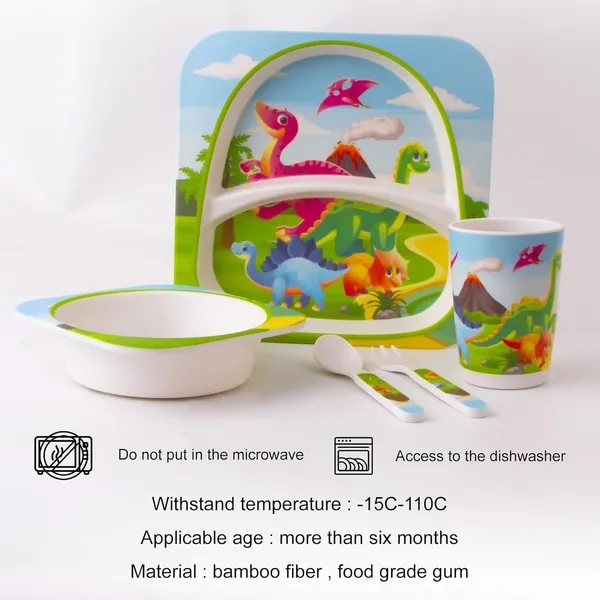 5_Pieces_Bamboo_Kids_Dinnerware_Set,_Eco_Friendly_Toddler_Plates_BPA_Free_Food_Plate_Bowl_Cup_Spoon_Fork_Set_Dishware_Sets_-_Dino_Theme,_Green