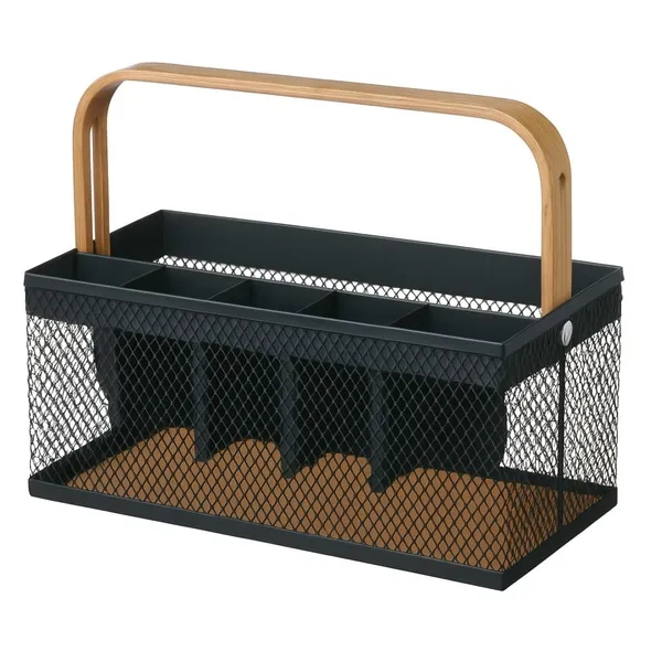 Multipurpose_Metal_Mesh_Cutlery_&_Desk_Organizer_Caddy_with_Wooden_Handle_�_Durable_Countertop_Storage_for_Kitchen_Utensils,_Stationery,_Dining_Tables_&_Office_Desks,_Black