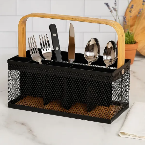 Multipurpose_Metal_Mesh_Cutlery_&_Desk_Organizer_Caddy_with_Wooden_Handle_�_Durable_Countertop_Storage_for_Kitchen_Utensils,_Stationery,_Dining_Tables_&_Office_Desks,_Black