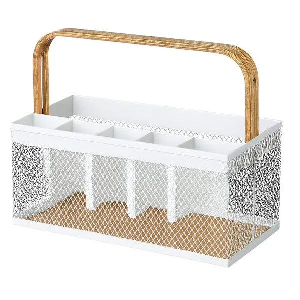 Multipurpose_Metal_Mesh_Cutlery_&_Desk_Organizer_Caddy_with_Wooden_Handle_�_Durable_Countertop_Storage_for_Kitchen_Utensils,_Stationery,_Dining_Tables_&_Office_Desks,_White