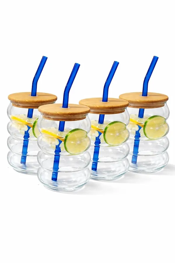 Pack_of_4,_500_ml_Bubble_Design_Glass_Juice_Jar_with_Bamboo_Lid_&_Straw_|_Leak_Proof_Reusable_Glass_Tumbler_Drinking_Cup_with_Food_Grade_Silicone_Seal_for_Juice,_Smoothies_&_Cold_Drinks