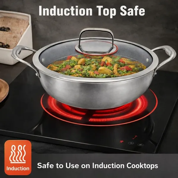 22_CM,_1.8_Litre_Stainless_Steel_Honeycomb_Triply_Non-Stick_Kadhai_with_Glass_Lid_|_Induction_Safe_&_Gas_Compatible_|_Even_Heat_Distribution_|_Cooking_Kadhai