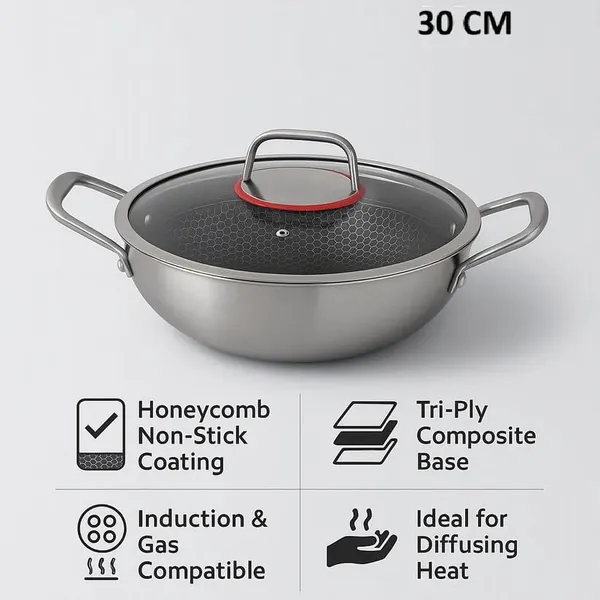 22_CM,_1.8_Litre_Stainless_Steel_Honeycomb_Triply_Non-Stick_Kadhai_with_Glass_Lid_|_Induction_Safe_&_Gas_Compatible_|_Even_Heat_Distribution_|_Cooking_Kadhai