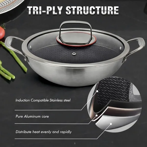 22_CM,_1.8_Litre_Stainless_Steel_Honeycomb_Triply_Non-Stick_Kadhai_with_Glass_Lid_|_Induction_Safe_&_Gas_Compatible_|_Even_Heat_Distribution_|_Cooking_Kadhai