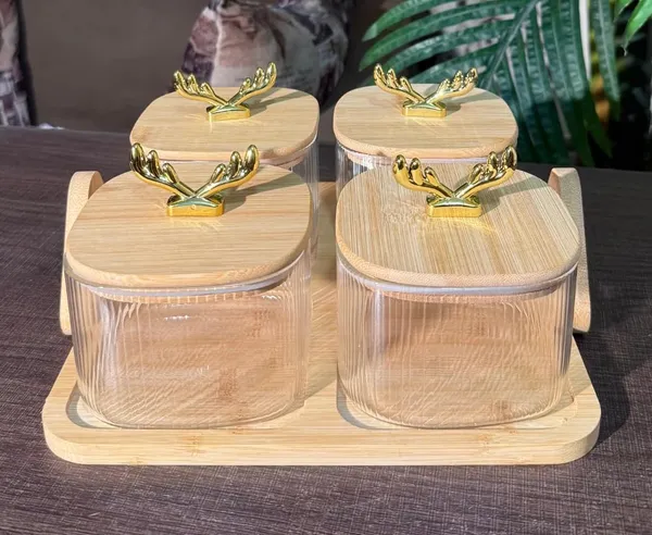 4_PCS_Glass_Storage_Jar_Set_500_ML_with_Wooden_Tray_&_Airtight_Bamboo_Lids,_Ribbed_Clear_Containers_with_Golden_Handle,_Multipurpose_Kitchen_Organizer_for_Dry_Fruits,_Spices,_Coffee_&_Sugar