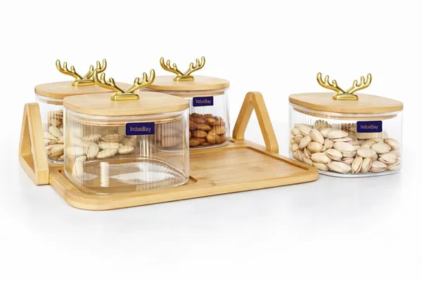 4_PCS_Glass_Storage_Jar_Set_500_ML_with_Wooden_Tray_&_Airtight_Bamboo_Lids,_Ribbed_Clear_Containers_with_Golden_Handle,_Multipurpose_Kitchen_Organizer_for_Dry_Fruits,_Spices,_Coffee_&_Sugar