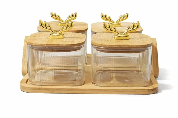 4_PCS_Glass_Storage_Jar_Set_500_ML_with_Wooden_Tray_&_Airtight_Bamboo_Lids,_Ribbed_Clear_Containers_with_Golden_Handle,_Multipurpose_Kitchen_Organizer_for_Dry_Fruits,_Spices,_Coffee_&_Sugar