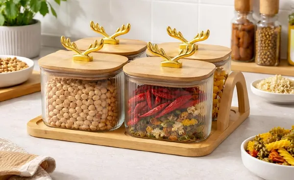 4_PCS_Glass_Storage_Jar_Set_500_ML_with_Wooden_Tray_&_Airtight_Bamboo_Lids,_Ribbed_Clear_Containers_with_Golden_Handle,_Multipurpose_Kitchen_Organizer_for_Dry_Fruits,_Spices,_Coffee_&_Sugar