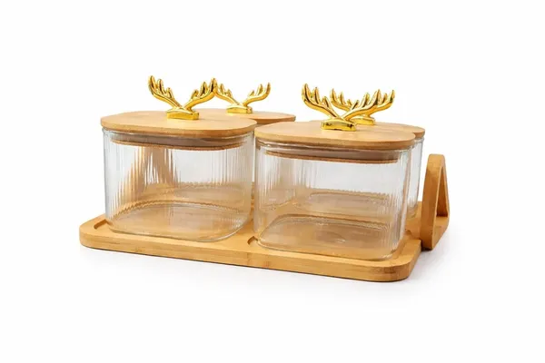 4_PCS_Glass_Storage_Jar_Set_500_ML_with_Wooden_Tray_&_Airtight_Bamboo_Lids,_Ribbed_Clear_Containers_with_Golden_Handle,_Multipurpose_Kitchen_Organizer_for_Dry_Fruits,_Spices,_Coffee_&_Sugar