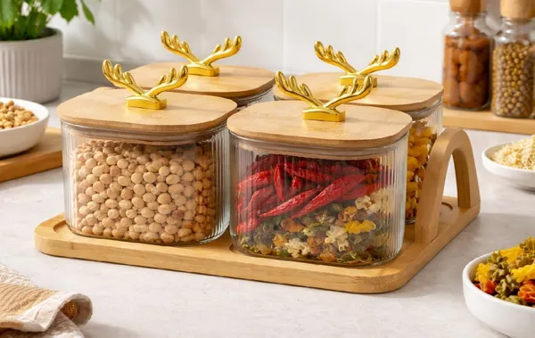 4_PCS_Glass_Storage_Jar_Set_500_ML_with_Wooden_Tray_&_Airtight_Bamboo_Lids,_Ribbed_Clear_Containers_with_Golden_Handle,_Multipurpose_Kitchen_Organizer_for_Dry_Fruits,_Spices,_Coffee_&_Sugar