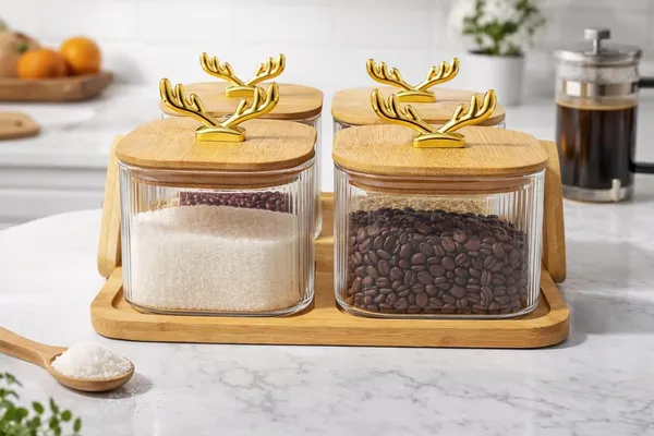 4_PCS_Glass_Storage_Jar_Set_500_ML_with_Wooden_Tray_&_Airtight_Bamboo_Lids,_Ribbed_Clear_Containers_with_Golden_Handle,_Multipurpose_Kitchen_Organizer_for_Dry_Fruits,_Spices,_Coffee_&_Sugar