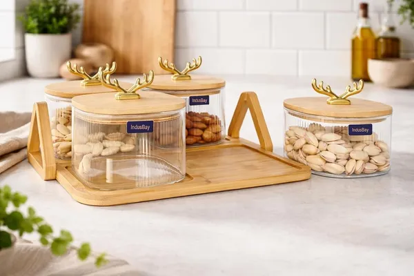 4_PCS_Glass_Storage_Jar_Set_500_ML_with_Wooden_Tray_&_Airtight_Bamboo_Lids,_Ribbed_Clear_Containers_with_Golden_Handle,_Multipurpose_Kitchen_Organizer_for_Dry_Fruits,_Spices,_Coffee_&_Sugar