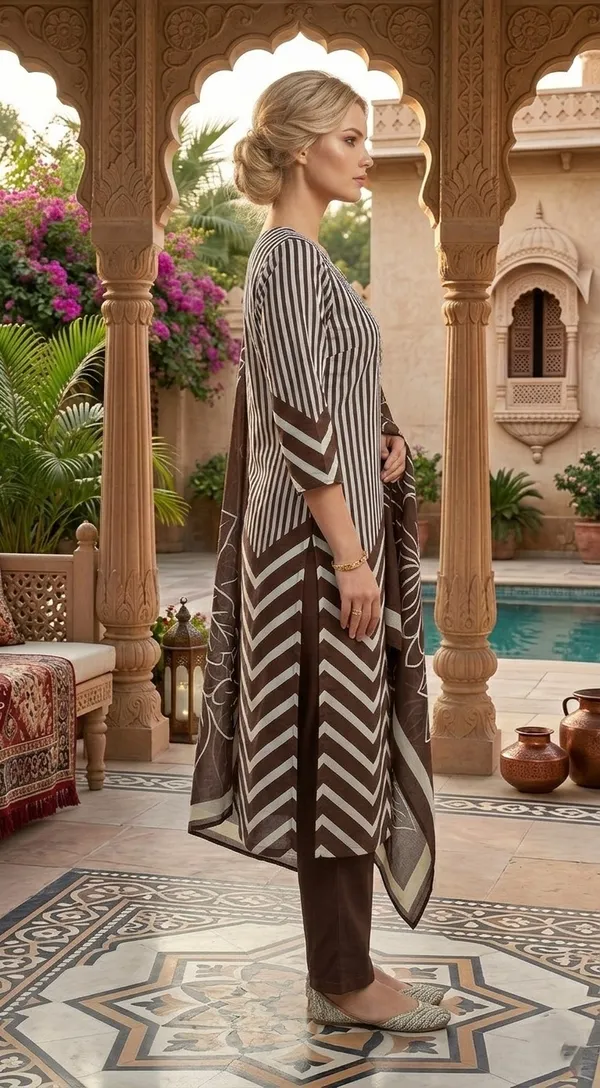 Brown_Striped_Kurti_Set_With_Chevron_Print_Ethnic_Wear_For_Women