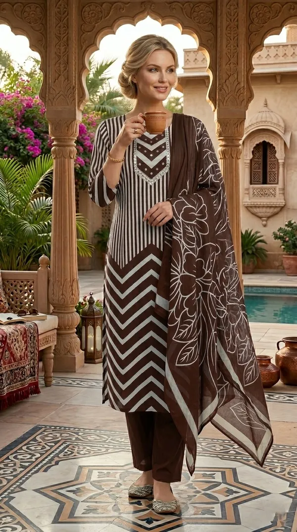 Brown_Striped_Kurti_Set_With_Chevron_Print_Ethnic_Wear_For_Women