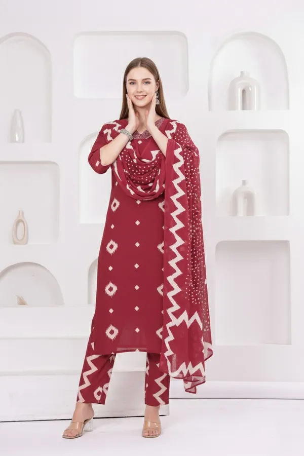 Red_Bandhani_Print_Kurta_Set_With_Dupatta_Ethnic_Wear_For_Women