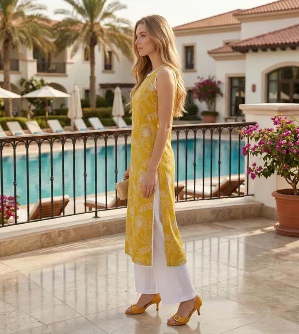 Yellow_Printed_Sleeveless_Kurta