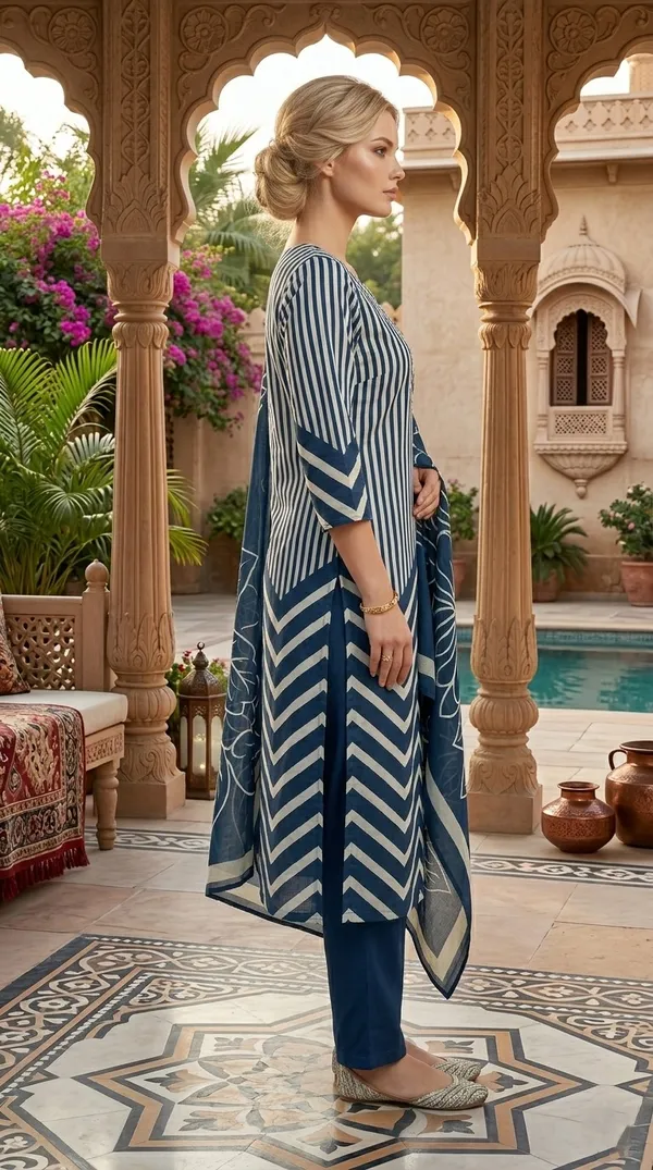 Blue_And_White_Striped_Chevron_Print_Salwar_Suit_Set_With_Floral_Dupatta