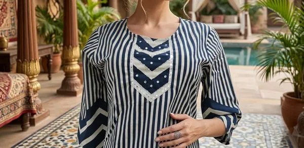 Blue_And_White_Striped_Chevron_Print_Salwar_Suit_Set_With_Floral_Dupatta