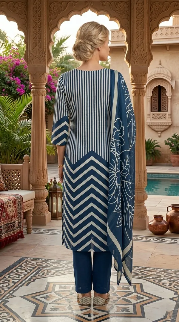 Blue_And_White_Striped_Chevron_Print_Salwar_Suit_Set_With_Floral_Dupatta