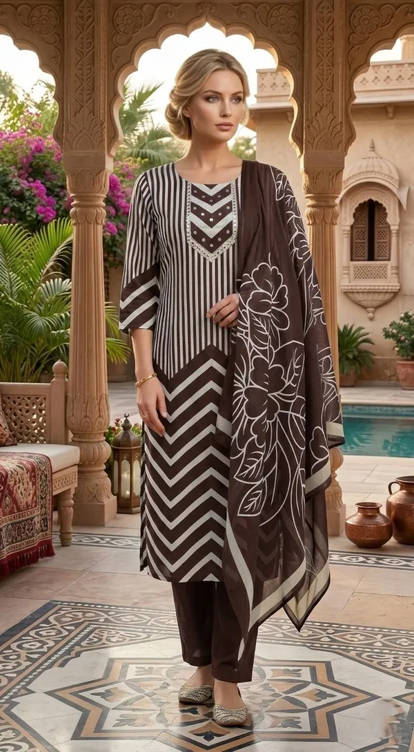 Brown_Striped_Kurti_Set_With_Chevron_Print_Ethnic_Wear_For_Women