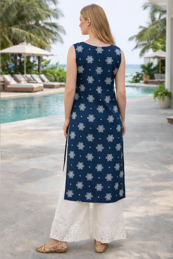 Navy_Blue_Embroidered_Kurti_With_White_Floral_Pattern_And_Pom_Pom_Detailing