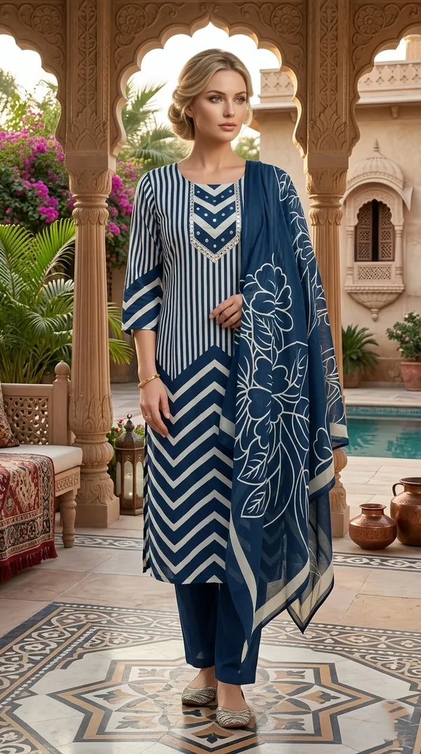 Blue_And_White_Striped_Chevron_Print_Salwar_Suit_Set_With_Floral_Dupatta