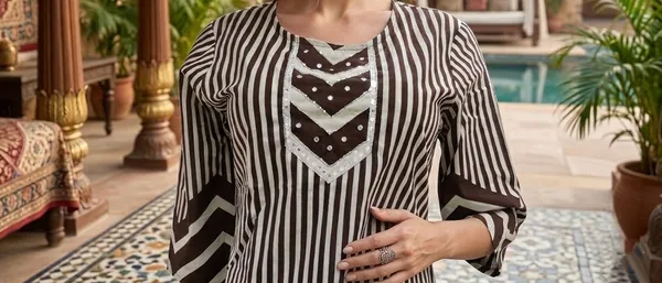 Brown_Striped_Kurti_Set_With_Chevron_Print_Ethnic_Wear_For_Women