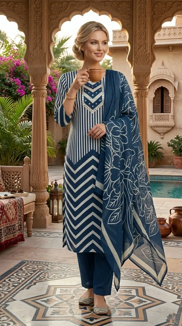 Blue_And_White_Striped_Chevron_Print_Salwar_Suit_Set_With_Floral_Dupatta
