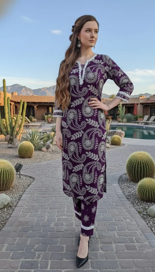 Women'S_Ethnic_Printed_Kurta_Set_With_Pants_Purple_Paisley_Pattern