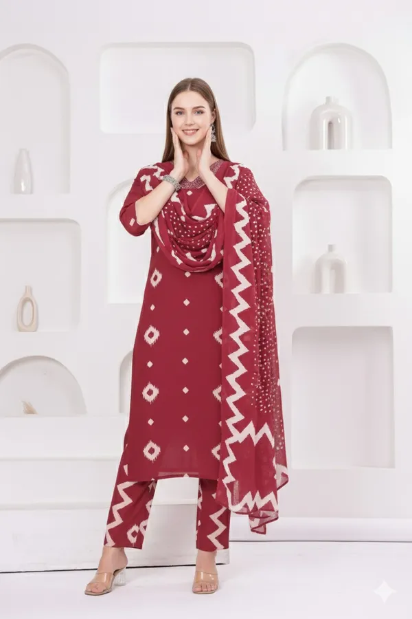 Red_Bandhani_Print_Kurta_Set_With_Dupatta_Ethnic_Wear_For_Women