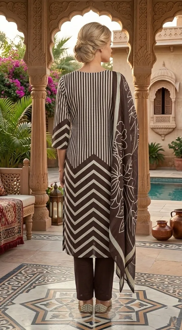 Brown_Striped_Kurti_Set_With_Chevron_Print_Ethnic_Wear_For_Women