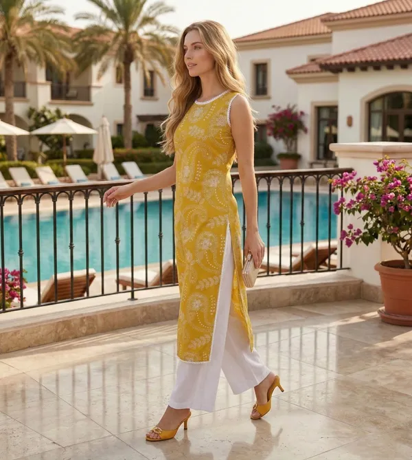 Yellow_Printed_Sleeveless_Kurta