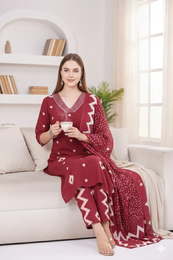 Red_Bandhani_Print_Kurta_Set_With_Dupatta_Ethnic_Wear_For_Women