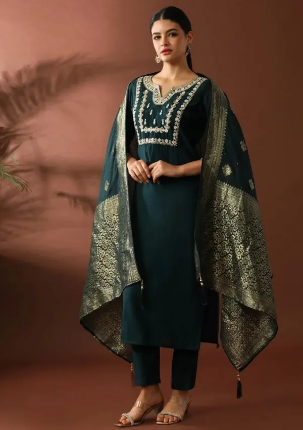 Teal_Green_Embroidered_Salwar_Suit_Set_With_Banarasi_Dupatta