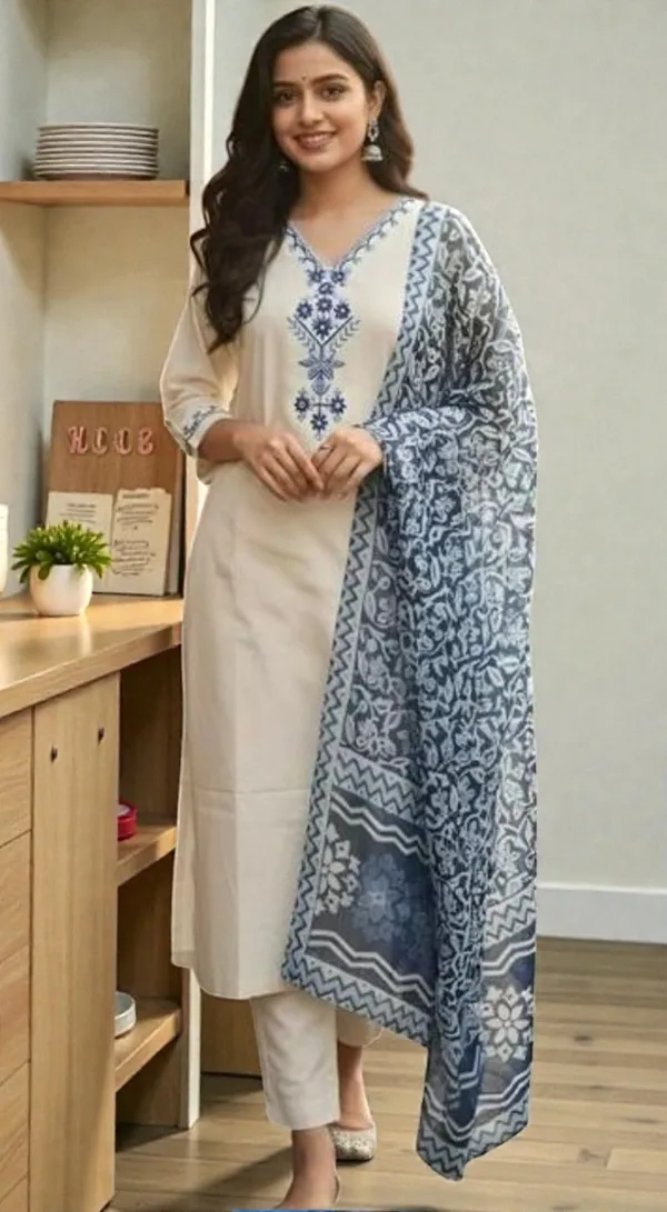 White_Embroidered_Cotton_Kurta_Set_With_Blue_Printed_Dupatta
