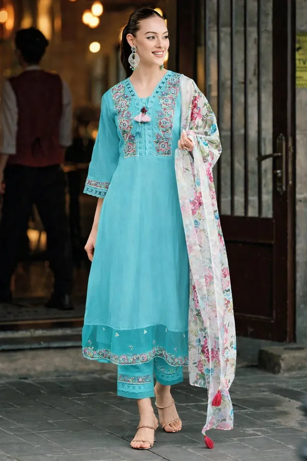 Turquoise_Blue_Embroidered_Kurta_Set_With_Floral_Dupatta