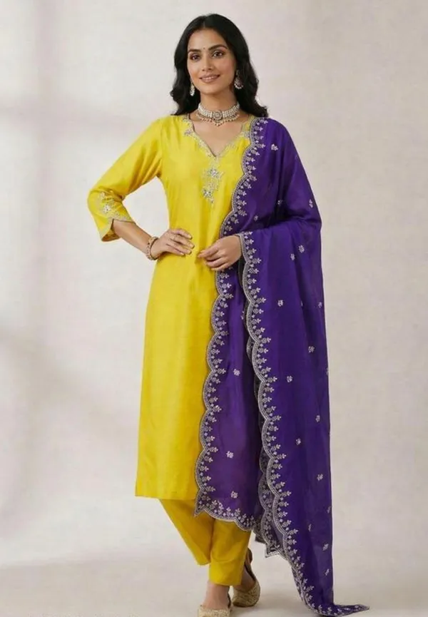 Yellow_Kurta_Set_With_Purple_Dupatta_Embroidered_Ethnic_Wear_For_Women