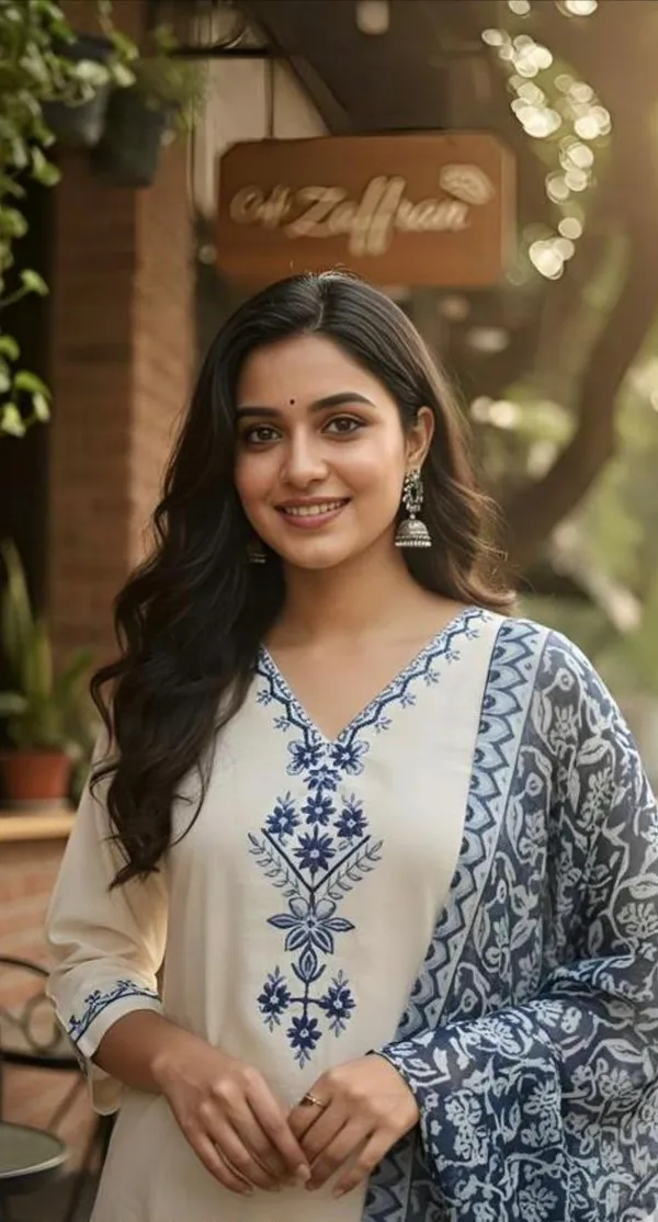 White_Embroidered_Cotton_Kurta_Set_With_Blue_Printed_Dupatta