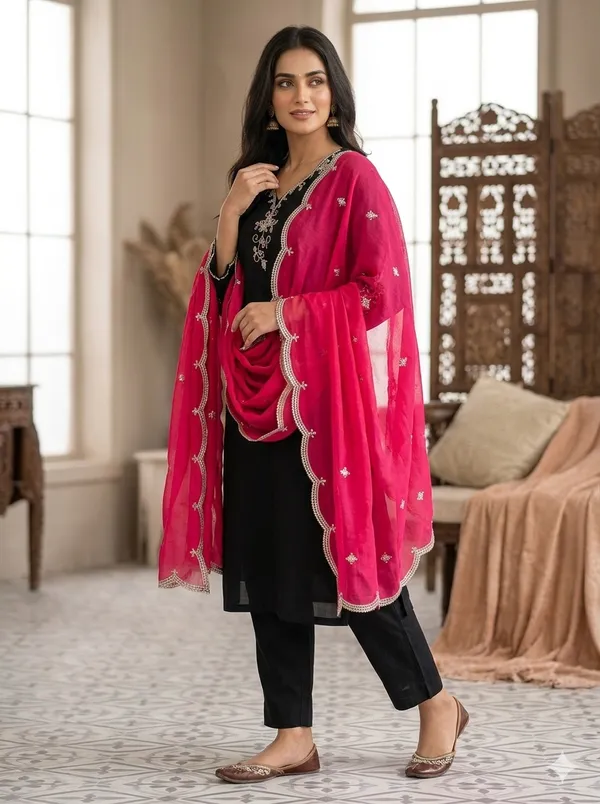 Black_Ethnic_Kurta_Set_With_Embroidered_Neckline_And_Pink_Dupatta