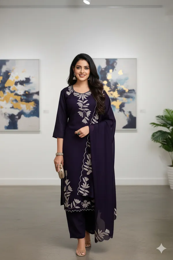 Wine_Embroidered_Kurta_Set_With_Dupatta_Women's_Ethnic_Wear