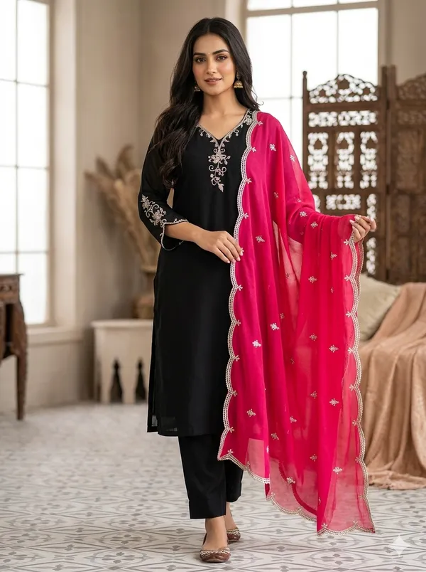 Black_Ethnic_Kurta_Set_With_Embroidered_Neckline_And_Pink_Dupatta