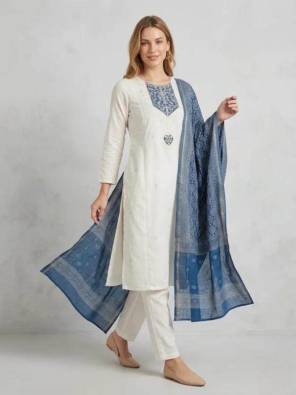 White_Kurta_Set_With_Blue_Embroidered_Dupatta_Ethnic_Wear_For_Women