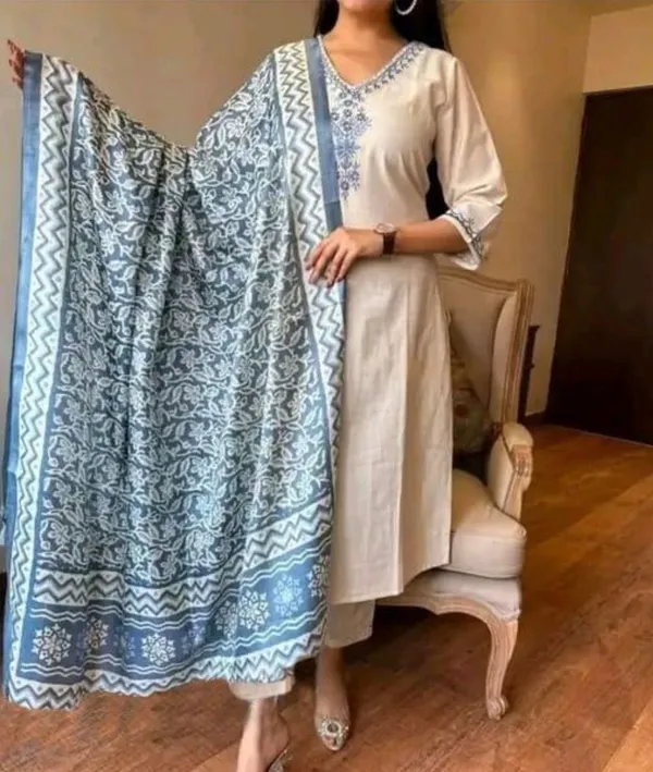 White_Embroidered_Cotton_Kurta_Set_With_Blue_Printed_Dupatta