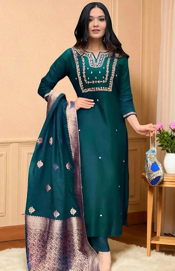 Teal_Green_Embroidered_Salwar_Suit_Set_With_Banarasi_Dupatta