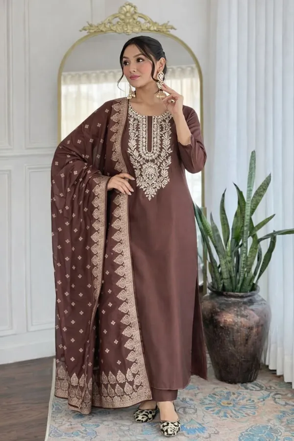 Brown_Embroidered_Ethnic_Suit_Set_With_Dupatta