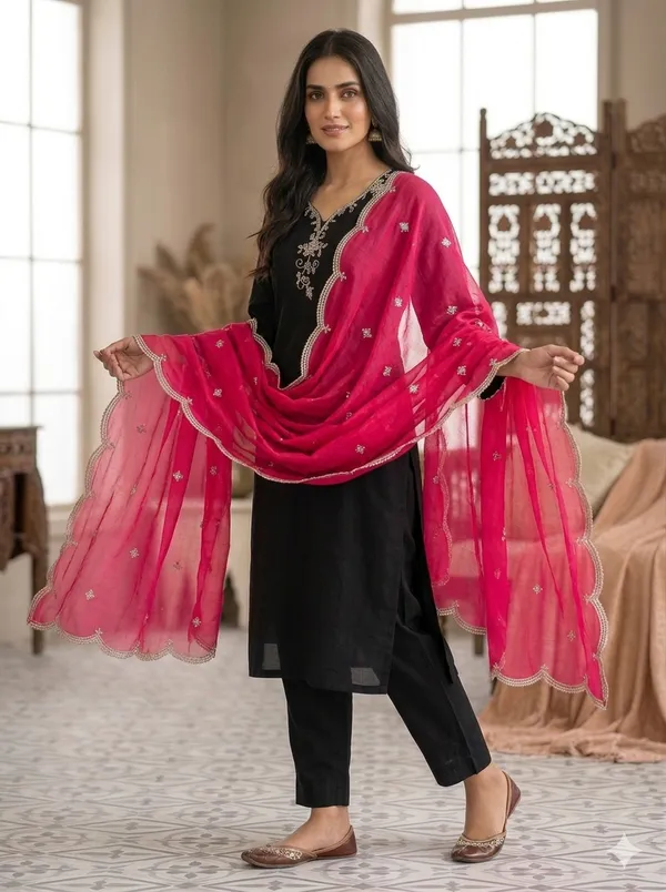 Black_Ethnic_Kurta_Set_With_Embroidered_Neckline_And_Pink_Dupatta