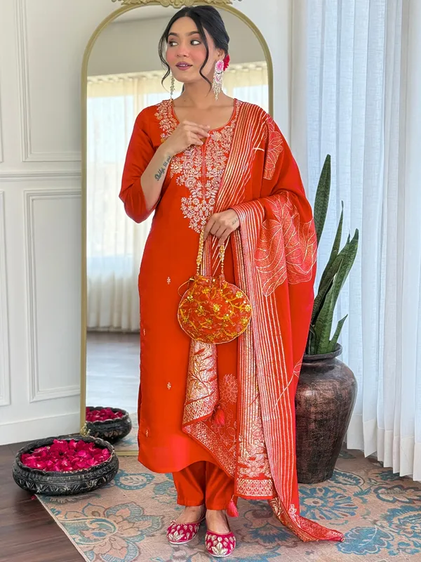 Orange_Embroidered_Roman_Silk_Kurti_Set_With_Dupatta